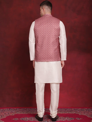 Coral Woven Design Nehru Jacket With Kurta Pyjama Set
