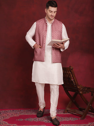 Coral Woven Design Nehru Jacket With Kurta Pyjama Set