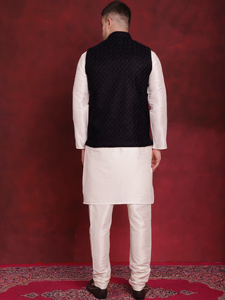 Navy Blue Woven Design Nehru Jacket With Kurta Pyjama Set