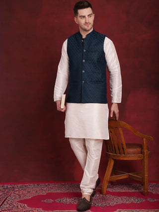 Blue Woven Design Nehru Jacket With Kurta Pyjama Set
