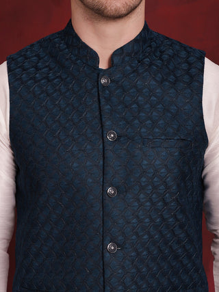 Blue Woven Design Nehru Jacket With Kurta Pyjama Set
