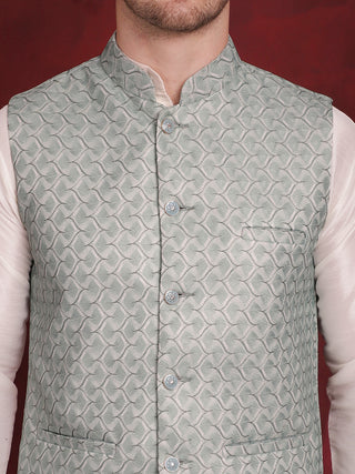 Green Woven Design Nehru Jacket With Kurta Pyjama Set