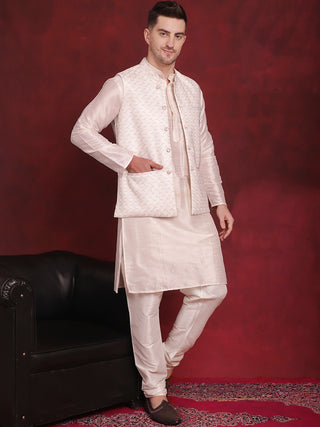 White Woven Design Nehru Jacket With Kurta Pyjama Set