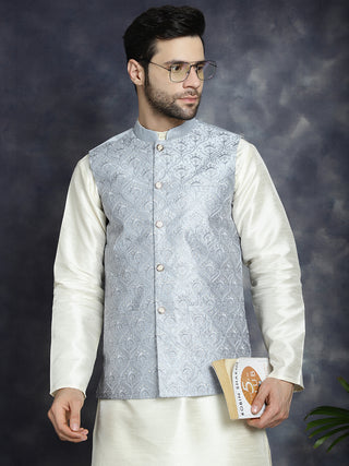 Men's Sequins and Embroidred Nehru Jacket With Solid Kurta Pyjama