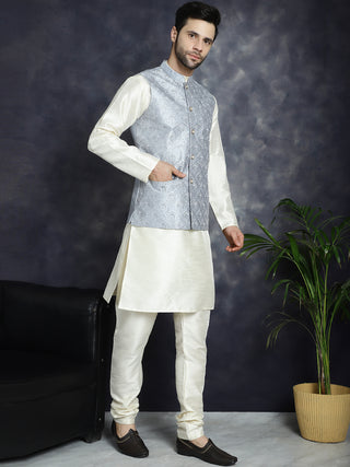 Men's Sequins and Embroidred Nehru Jacket With Solid Kurta Pyjama