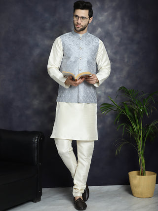 Men's Sequins and Embroidred Nehru Jacket With Solid Kurta Pyjama