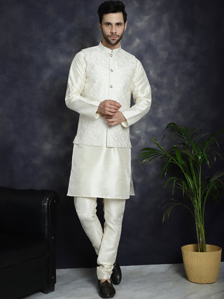 Men's Sequins and Embroidred Nehru Jacket With Solid Kurta Pyjama