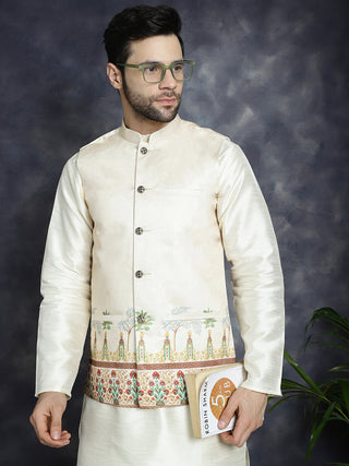 Men's Printed Nehru Jacket With Solid Kurta Pyjama