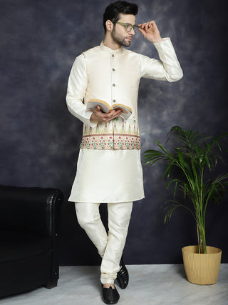 Men's Printed Nehru Jacket With Solid Kurta Pyjama