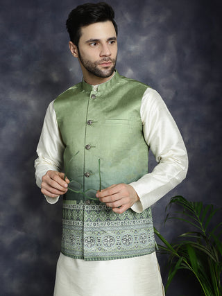 Men's Printed Nehru Jacket With Solid Kurta Pyjama