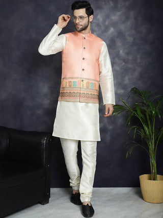 Men's Printed Nehru Jacket With Solid Kurta Pyjama