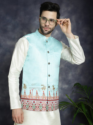 Men's Printed Nehru Jacket With Solid Kurta Pyjama