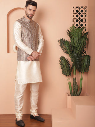 Men's Woven Design Nehru Jacket With Solid Kurta Pyjama