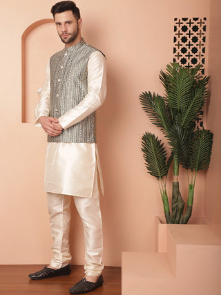 Men's Woven Design Nehru Jacket With Solid Kurta Pyjama