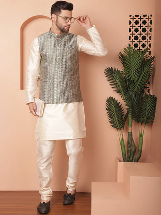 Men's Woven Design Nehru Jacket With Solid Kurta Pyjama