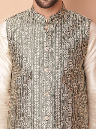 Men's Woven Design Nehru Jacket With Solid Kurta Pyjama