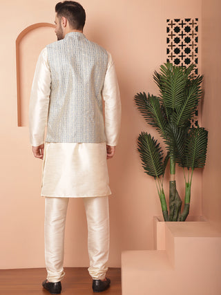 Men's Woven Design Nehru Jacket With Solid Kurta Pyjama