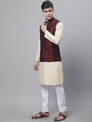 Men's Beige Embroidered Kurta Pyjama With Woven Design Nehru Jacket