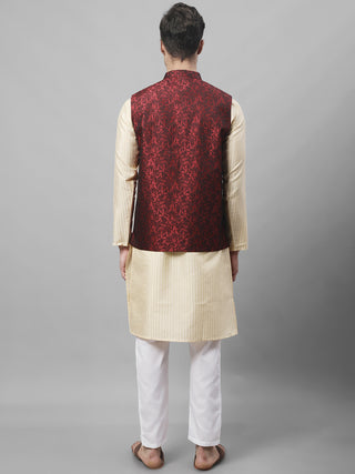 Men's Beige Embroidered Kurta Pyjama With Woven Design Nehru Jacket