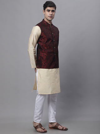 Men's Beige Embroidered Kurta Pyjama With Woven Design Nehru Jacket