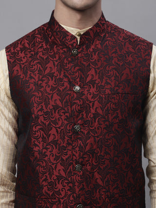 Men's Beige Embroidered Kurta Pyjama With Woven Design Nehru Jacket