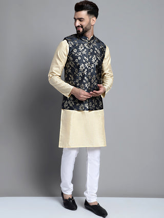 Men's Beige Embroidered Kurta Pyjama With Woven Design Nehru Jacket
