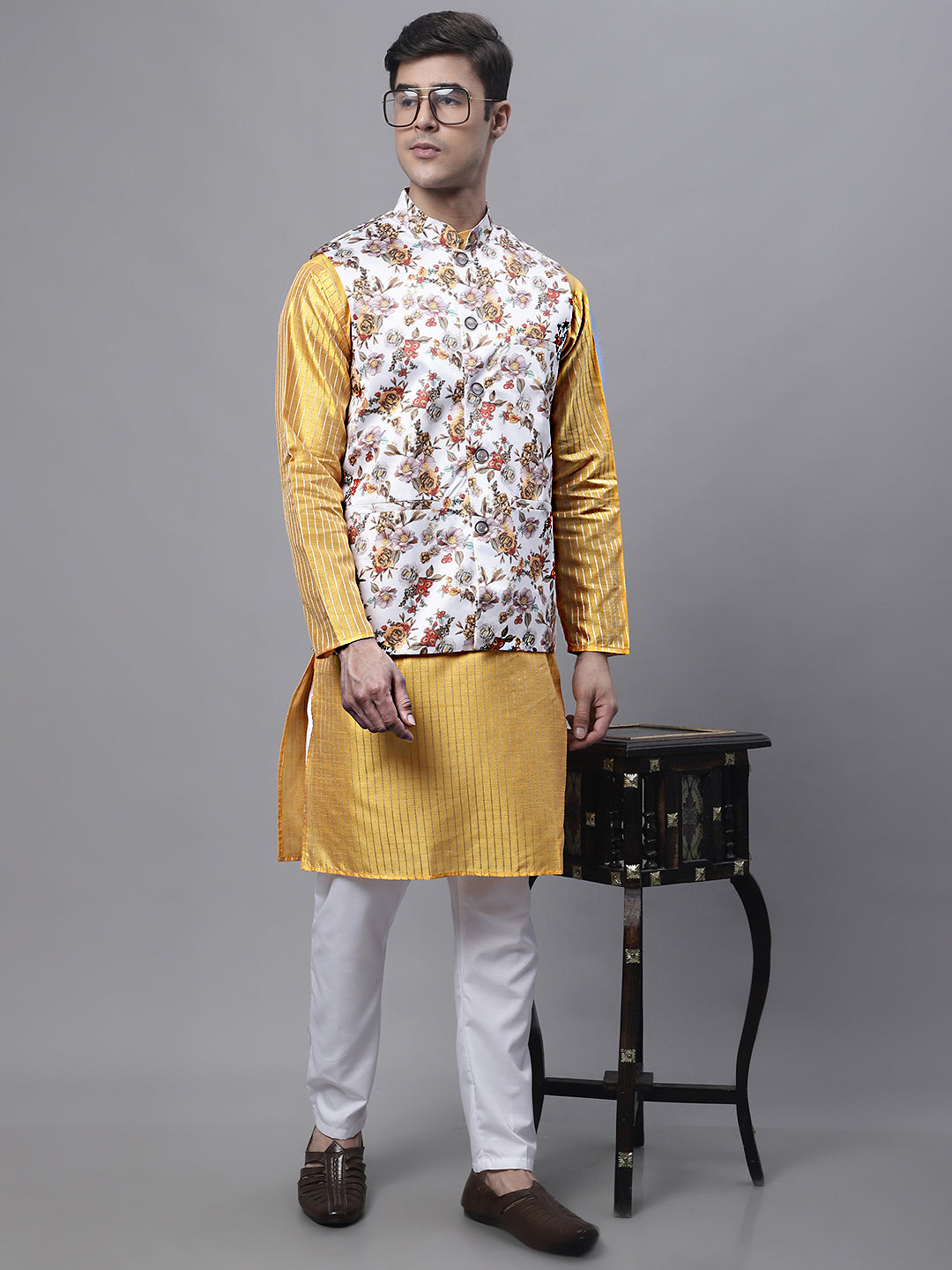 Men's Mustard Embroidered Kurta Pyjama With Wihte Printed Nehru Jacket