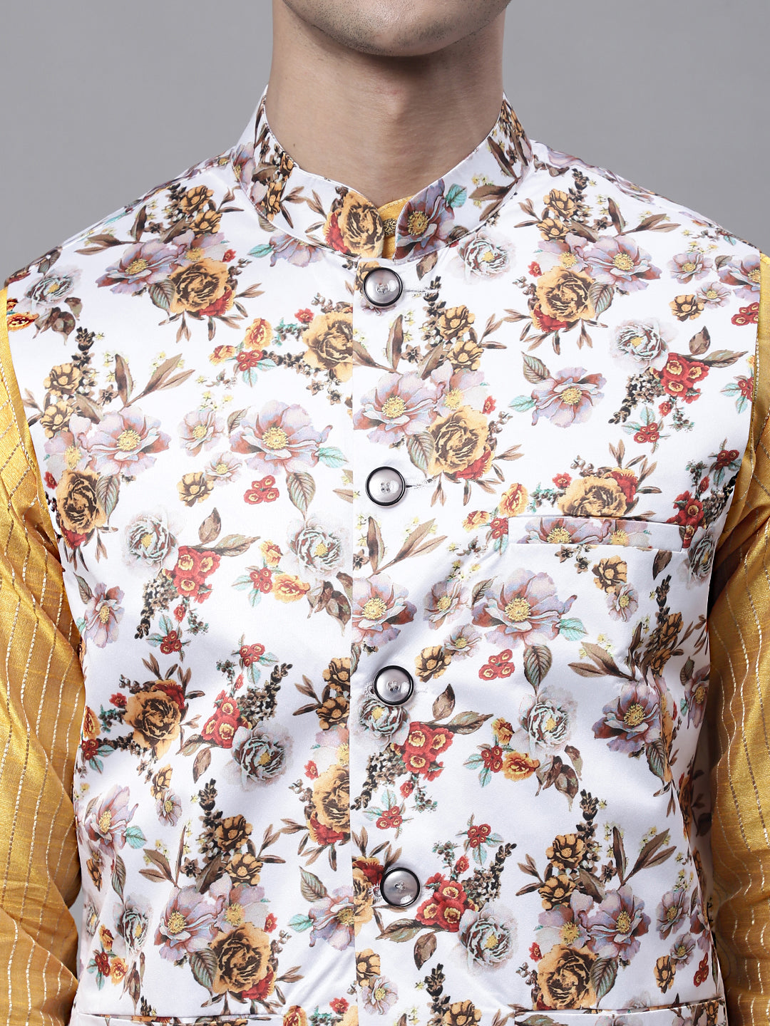 Men's Mustard Embroidered Kurta Pyjama With Wihte Printed Nehru Jacket