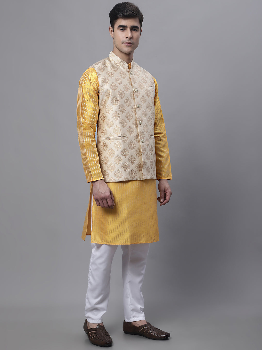 Men's Mustard Embroidered Kurta Pyjama With Floral Printed Nehru Jacket