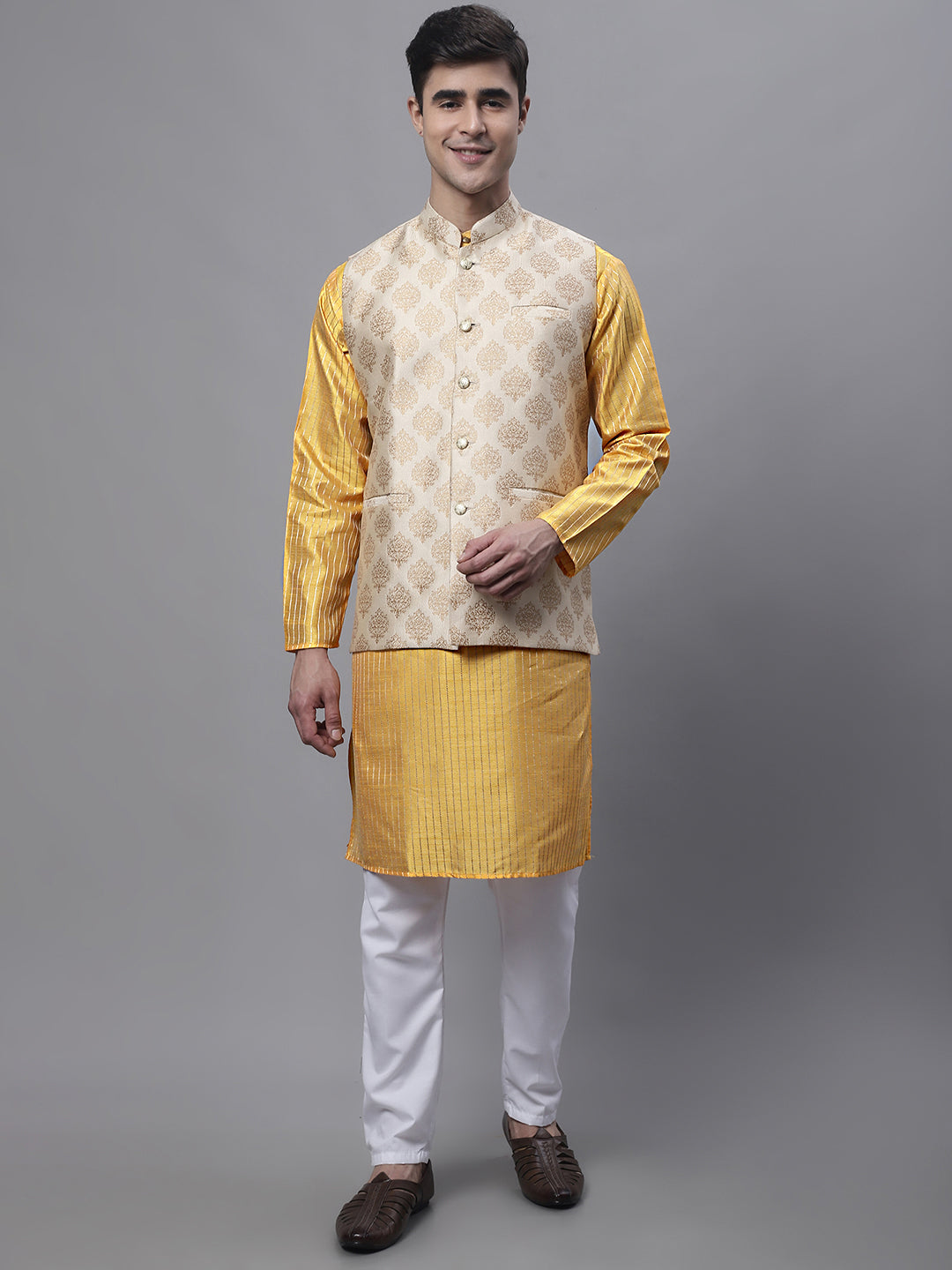 Men's Mustard Embroidered Kurta Pyjama With Floral Printed Nehru Jacket