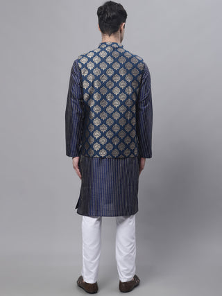 Men's Navy Blue Embroidered Kurta Pyjama With Floral Printed Nehru Jacket