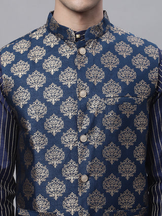 Men's Navy Blue Embroidered Kurta Pyjama With Floral Printed Nehru Jacket