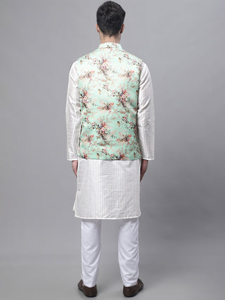 Men's Off White Embroidered Kurta Pyjama With Lime Printed Nehru Jacket