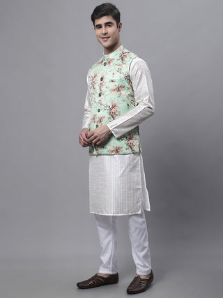 Men's Off White Embroidered Kurta Pyjama With Lime Printed Nehru Jacket