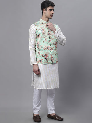 Men's Off White Embroidered Kurta Pyjama With Lime Printed Nehru Jacket