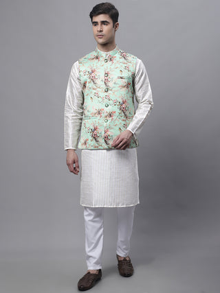 Men's Off White Embroidered Kurta Pyjama With Lime Printed Nehru Jacket