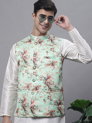 Men's Off White Embroidered Kurta Pyjama With Lime Printed Nehru Jacket