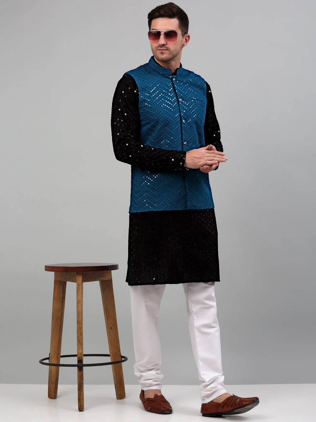 Sequin and Embroidered Nehru Jacket With Kurta Pyjama