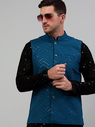 Sequin and Embroidered Nehru Jacket With Kurta Pyjama