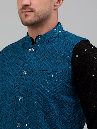 Sequin and Embroidered Nehru Jacket With Kurta Pyjama