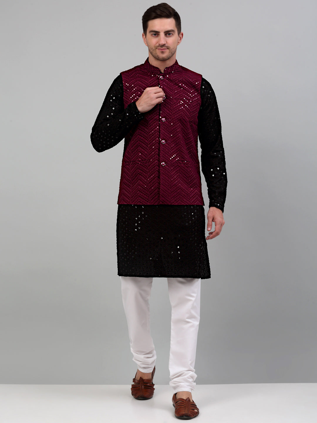Sequin and Embroidered Nehru Jacket With Kurta Pyjama