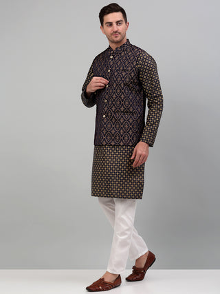 Men's Woven Design Nehru Jacket with Printed Kurta Pyjama Set