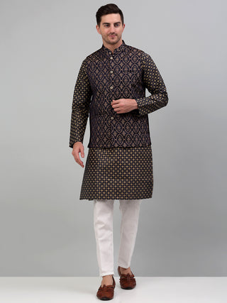 Men's Woven Design Nehru Jacket with Printed Kurta Pyjama Set