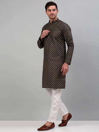 Men's Woven Design Nehru Jacket with Printed Kurta Pyjama Set