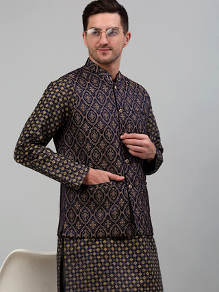 Men's Woven Design Nehru Jacket with Printed Kurta Pyjama Set