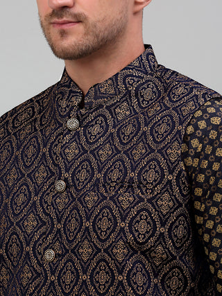 Men's Woven Design Nehru Jacket with Printed Kurta Pyjama Set