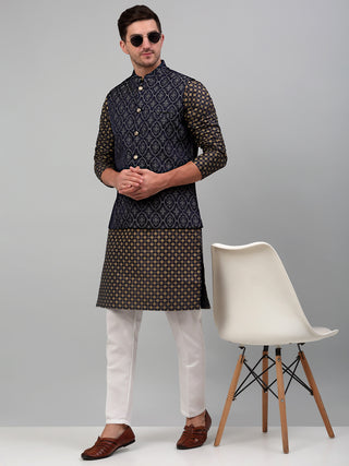 Men's Woven Design Nehru Jacket with Printed Kurta Pyjama Set