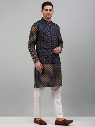 Men's Woven Design Nehru Jacket with Printed Kurta Pyjama Set