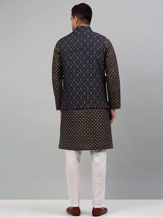 Men's Woven Design Nehru Jacket with Printed Kurta Pyjama Set