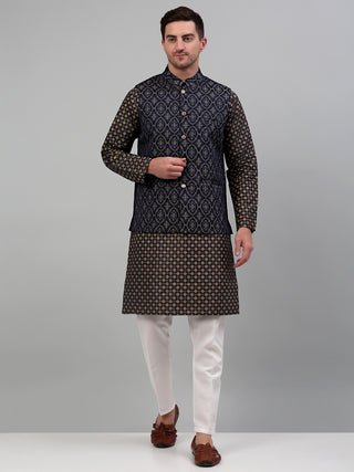 Men's Woven Design Nehru Jacket with Printed Kurta Pyjama Set